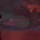 My current World of Warcraft character, a scuzzy-looking Void Elf Mage, looks out at the burning remnants of the World Tree, Teldrassil.